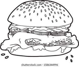 Vector hand drawn illustration of fast food. Cheeseburger with cutlet, tomatoes, salad and a sesame bun. Engraving style, isolated on white background. For menu, restaurants, cafe, bar, print design.