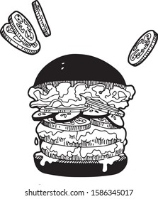 Vector hand drawn illustration of fast food. Big cheeseburger with two cutlets, tomatoes, cucumbers, salad and black bun. Engraving style, isolated on white background. For menu, restaurants, cafe.