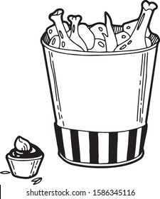 Vector hand drawn illustration of fast food. Big bucket with fried, crispy chicken and sauce. Engraving style, isolated on white background. For menu, restaurants, cafe, bar, print design.