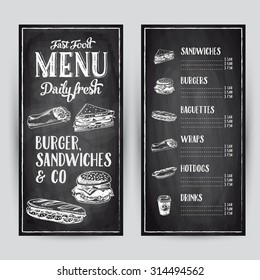 Vector hand drawn illustration with fast food. Restaurant menu. Chalkboard. Sketch.