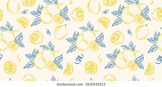 Vector hand drawn illustration featuring playful lemons, vintage frames, and coastal Italian summer vibes. Whimsical geometric design for wallpaper, textile, background, or wrapping paper.
