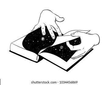 Vector Hand Drawn Illustration Of Female Hands Flipping The Book. Tattoo Artwork . Template For Card, Poster, Banner, Print For T-shirt, Label.