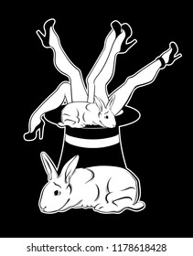Vector hand drawn illustration female legs in top hat and rabbits isolated   Creative tattoo artwork  Template for card  poster  banner  print for t  shirt  pin  badge  patch 