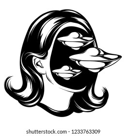 Vector hand drawn illustration of female head with flying saucers isolated. Creative tattoo artwork. Template for card, poster, banner, print for t-shirt, pin, badge, patch.