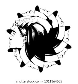 Vector hand drawn illustration of female heads with hands isolated. Surreal tattoo artwork. Template for card, poster. banner, print for t-shirt, pin, badge, patch.