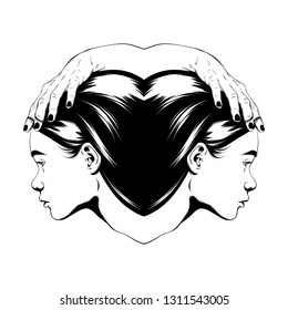 Vector hand drawn illustration of female heads with hands isolated. Surreal tattoo artwork. Template for card, poster. banner, print for t-shirt, pin, badge, patch.