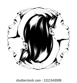 Vector hand drawn illustration of female heads with hands isolated. Surreal tattoo artwork. Template for card, poster. banner, print for t-shirt, pin, badge, patch.