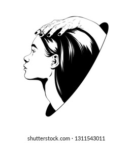 Vector hand drawn illustration of female heads with hands isolated. Surreal tattoo artwork. Template for card, poster. banner, print for t-shirt, pin, badge, patch.