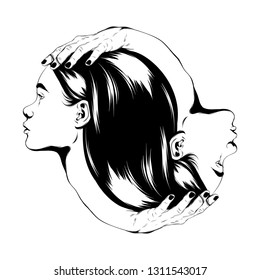 Vector hand drawn illustration of female heads with hands isolated. Surreal tattoo artwork. Template for card, poster. banner, print for t-shirt, pin, badge, patch.