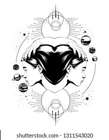 Vector hand drawn illustration of female heads with hands and planets isolated. Surreal tattoo artwork. Template for card, poster. banner, print for t-shirt, pin, badge, patch.