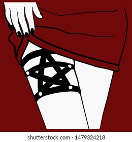 Vector hand drawn illustration of female legs in red skirt with black gothic garter. Template for card, poster, banner, print for t-shirt, pin, badge, patch.