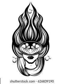 Vector hand drawn illustration  of  female diver with marine waves in the mask . Surreal tattoo artwork . Template for card, poster, banner, print for t-shirt.