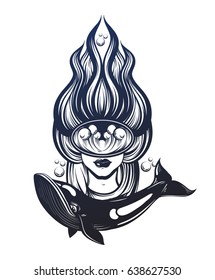 Vector hand drawn illustration  of  female diver with marine waves in the mask . Surreal tattoo artwork with whale . Template for card, poster, banner, print for t-shirt.