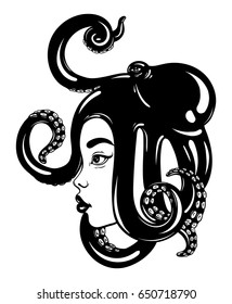 Vector hand drawn illustration of female profile with octopus on her head. Creative artwork. Template for card, poster, banner, print for t-shirt