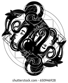 Vector hand drawn illustration of female profile with octopus on her head. Creative artwork. Template for card, poster, banner, print for t-shirt.