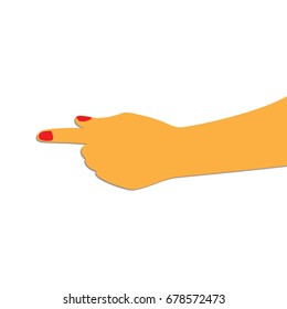 a vector hand drawn illustration of a female hand with a pointing finger with red nails; in a trendy cartoon paper cut style; isolated on white background