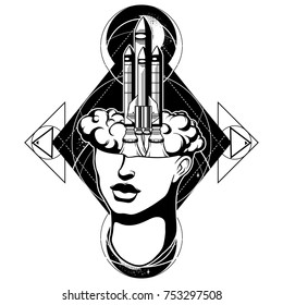 Vector hand drawn  illustration of  female head with rocket. Surreal tattoo artwork. Template for card, banner, print for t-shirt.