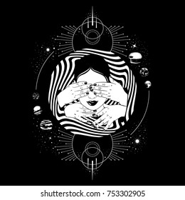 Vector hand drawn  illustration with female head with hands. Surreal artwork with portrait, planets and geometrical composition. Template for card, banner, print for t-shirt.