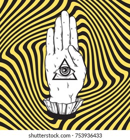 Vector hand drawn illustration of female hand with all seeing eye pyramid on the hypnotic background. Template for card, poster, banner, print for t-shirt.