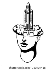 Vector hand drawn  illustration of  female head with rocket. Surreal tattoo artwork. Template for card, banner, print for t-shirt.