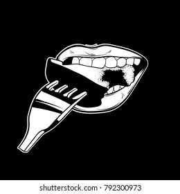 Vector hand drawn illustration of female mouth with fork. Hand sketched template for card, poster, banner, print for t-shirt. 