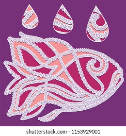 Vector hand drawn illustration of a fish character with an intricate ornamental border decoration and keyhole elements for coloring, books, children