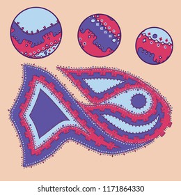 Vector hand drawn illustration of a fish character with an intricate ornamental border decoration and star elements for coloring, books, children