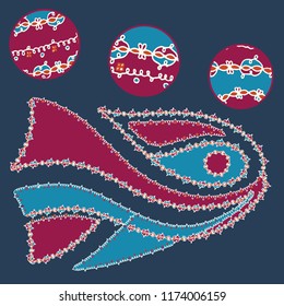 Vector hand drawn illustration of a fish character with an intricate ornamental border decoration and star elements for coloring, books, children