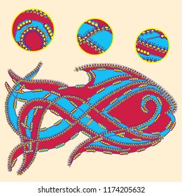Vector hand drawn illustration of a fish character with an intricate ornamental border decoration and star elements for coloring, books, children
