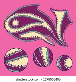 Vector hand drawn illustration of a fish character with an intricate ornamental border decoration and star elements for coloring, books, children