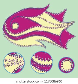 Vector hand drawn illustration of a fish character with an intricate ornamental border decoration and star elements for coloring, books, children