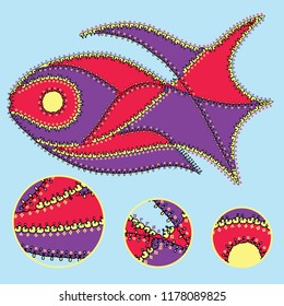 Vector hand drawn illustration of a fish character with an intricate ornamental border decoration and star elements for coloring, books, children