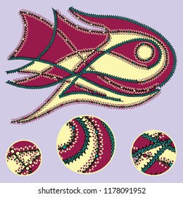 Vector hand drawn illustration of a fish character with an intricate ornamental border decoration and star elements for coloring, books, children