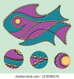 Vector hand drawn illustration of a fish character with an intricate ornamental border decoration and star elements for coloring, books, children