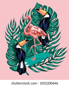 Vector hand drawn illustration of flamingo on surfboard, toucans, palm leaves. Template for card, poster, banner, print for t-shirt. 