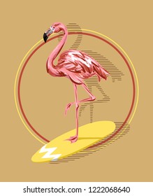 Vector hand drawn illustration of flamingo on the surfboard isolated . Creative artwork. Template for card, poster, banner, print for t-shirt, pin, badge, patch.