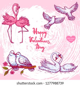 Vector hand drawn illustration of flamingo couple,  doves, pigeons, swans, text Happy Valentines Day on background with paper texture.Pair of birds, sketch. Linear art in vintage style for design.