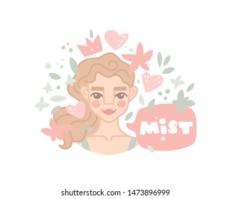 Vector hand drawn illustration in flat style. Girl with curly hair and the inscription. Mist lettering in speech bubble. Background with flowers, heart, crown. Border in sketch style. Skincare routine