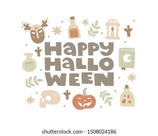 Vector hand drawn illustration in flat style. Halloween icon and text on white background. Happy halloween lettering. Creepy and magical elements. Magic, witch, fairy tales. Banner, card design.
