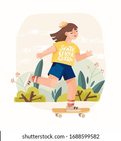 Vektorillustration handgezeichnete Illustration im Flachstil. Cute Girl fährt auf einem Skateboard. Outdoor Aktivitäten, Sport, gesunder Lebensstil. Feministisches Zitat auf T-Shirt drucken. Poster-Design, Karte. Starke aktive Frau