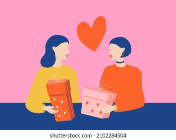 vector hand drawn illustration in flat style - a happy lesbian couple give each other gifts for valentine's day.