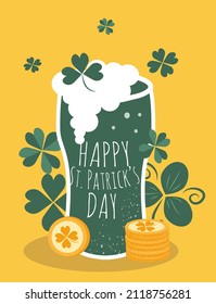vector hand drawn illustration in flat style - greeting card for St. Patrick's day. Green ale in a glass, clover and coins.