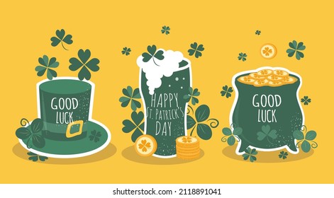 vector hand drawn  illustration in flat style - set of elements on the theme of St. Patrick's Day. Pot of gold, leprechaun hat, mug of green beer, coins and clover leaves.