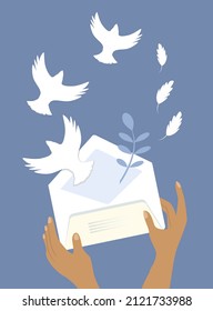 vector hand drawn illustration in flat style - hands hold an envelope from which birds fly out