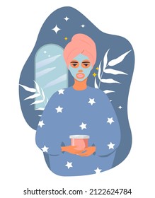 vector hand drawn illustration in flat style on the theme of beauty routine. young woman with a towel on her head and a mask on her face holds a jar of cream