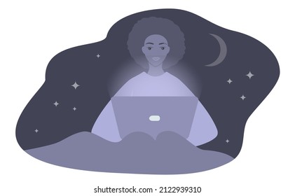 Vector Hand Drawn Illustration In Flat Style On The Theme Of Insomnia, Addiction To Gadgets. Young Black Woman Sitting In Bed Under The Covers And Looking At A Laptop
