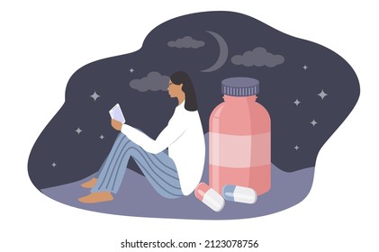 vector hand drawn illustration in flat style on the theme of insomnia, addiction to gadgets. a young woman sits in pajamas and looks into a smartphone. next to her is a vial of sleeping pills 