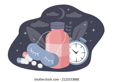 vector hand drawn illustration in flat style on the theme of insomnia, sleep worries. Pill bottle, sleep mask, alarm clock.