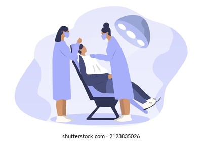 vector hand drawn illustration in flat style  on the theme of dentistry. doctor and nurse treating a patient's tooth