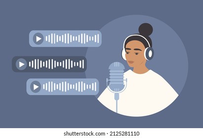 vector hand drawn illustration in flat style on the theme of recording podcasts. young woman in headphones recording audio in front of a microphone